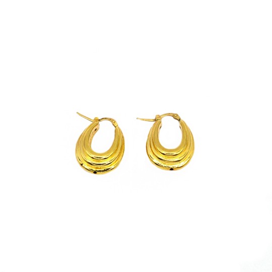 Oval rounded hoop earrings with degradé vertical stripes yellow gold plated in 925 silver