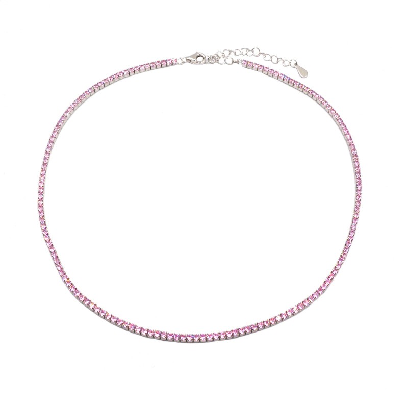 Collarino tennis di zirconi rosa da ø 2 mm placcato oro bianco in argento 925