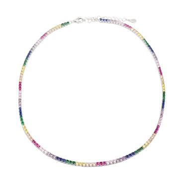 Collarino tennis di zirconi multicolor da ø 2 mm placcato oro bianco in argento 925