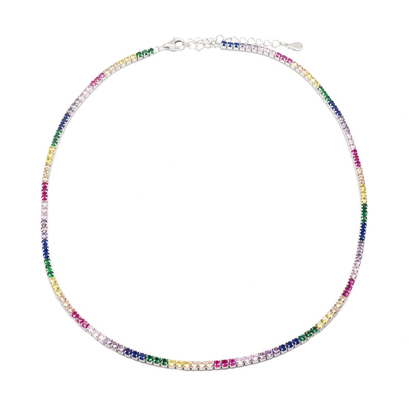 Collarino tennis di zirconi multicolor da ø 2 mm placcato oro bianco in argento 925