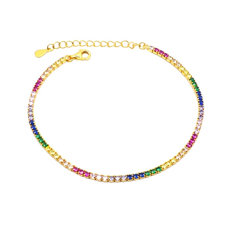 Bracciale tennis di zirconi multicolor 2mm placcato oro giallo in argento 925