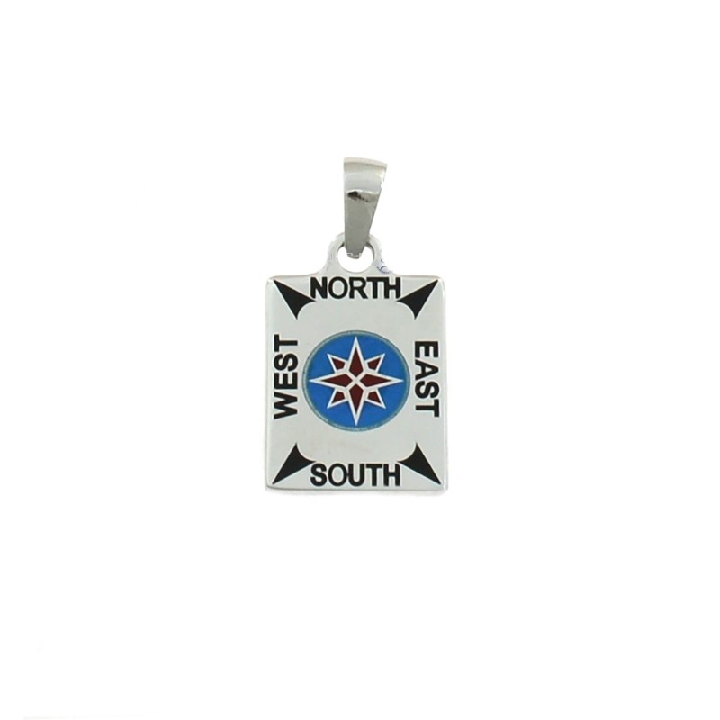 White gold plated rectangular medal pendant with red enamelled compass rose on a blue enameled base and cardinal points