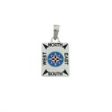White gold plated rectangular medal pendant with red enamelled compass rose on a blue enameled base and cardinal points