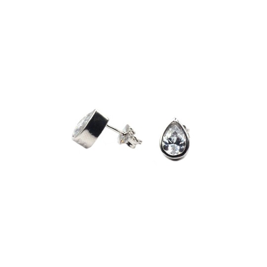 Orecchini punto luce con zircone a goccia bianco 7,5x10 mm. su base placcata oro bianco in argento 925