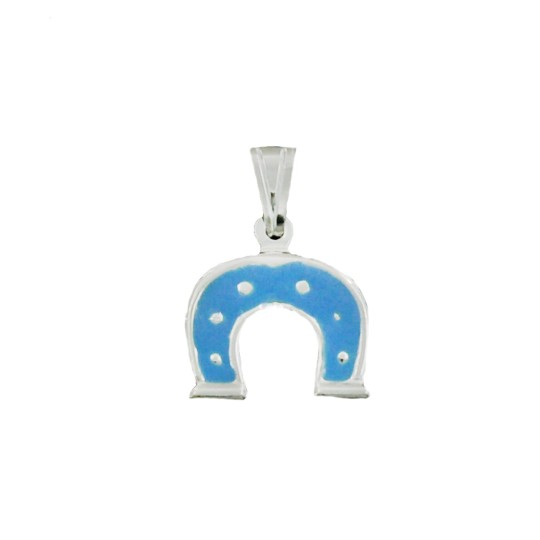 Ciondolo ferro di cavallo accoppiato smaltato azzurro in argento bianco 925