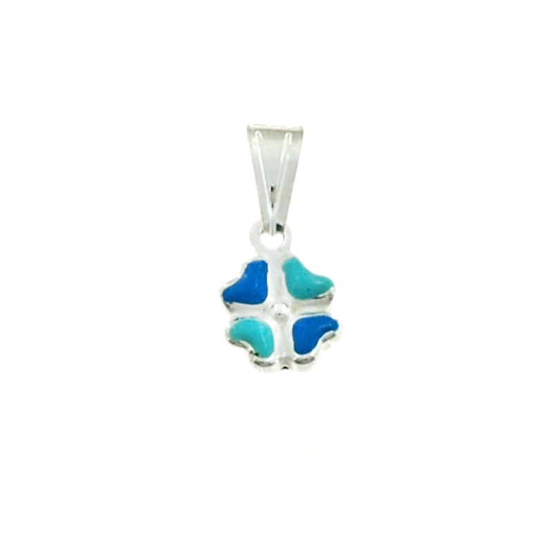 Four-leaf clover pendant coupled with blue enamel in white 925 silver