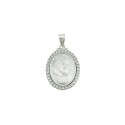 Satin oval Padre Pio medal with white zircons frame white gold plated in 925 silver