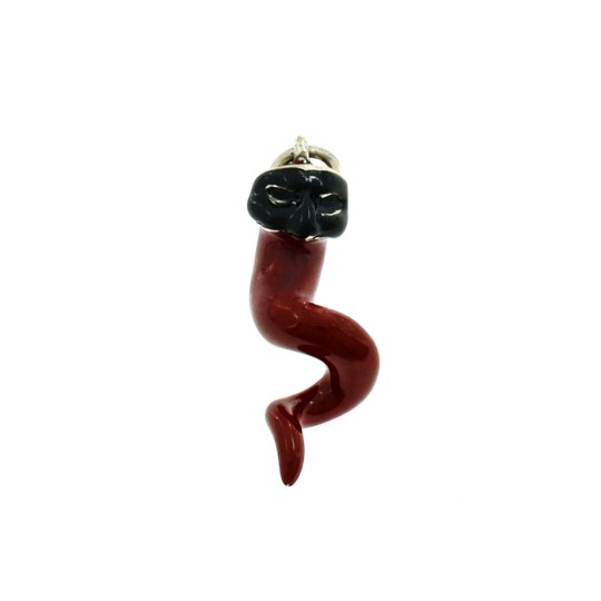 Ciondolo corno smaltato con maschera di pulcinella in argento microfuso brunito 925