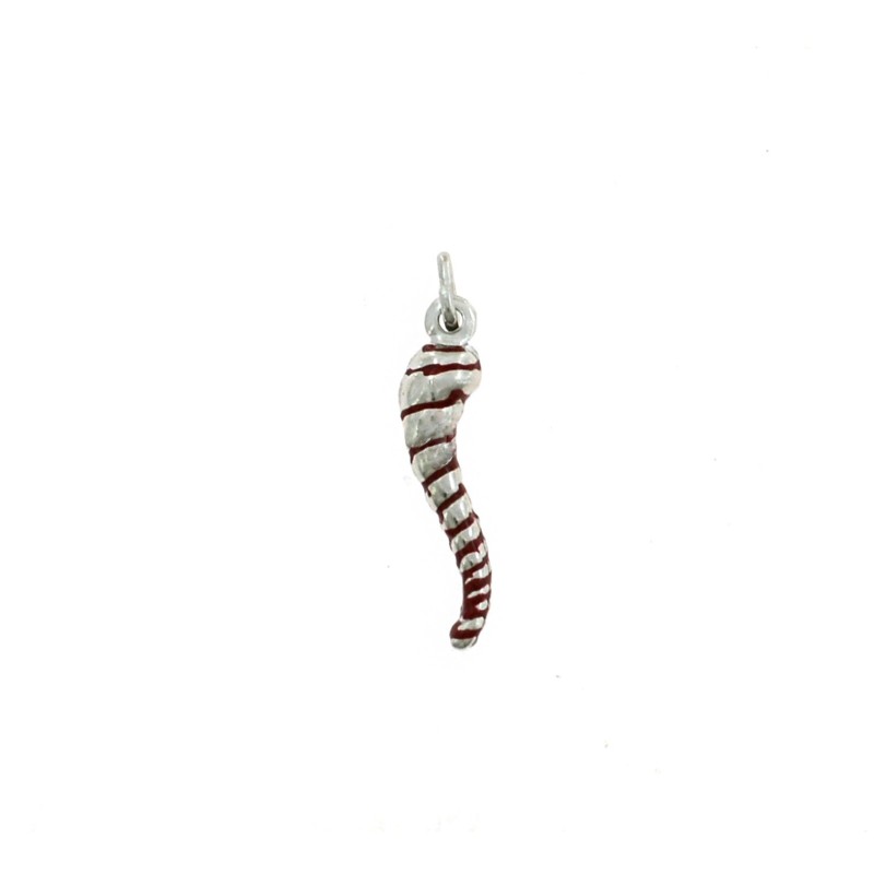 Horn pendant 7x24 mm red enamel spiral white gold plated in 925 silver