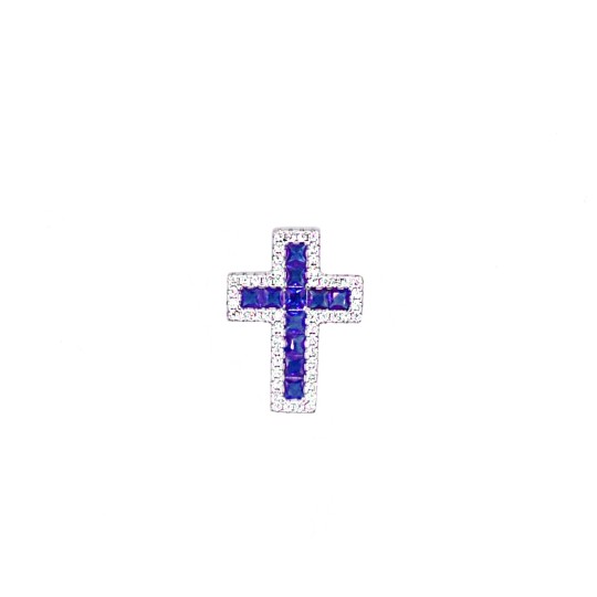 Ciondolo croce zirconata bianca con centrale di zirconi blu con contromaglia passante placcato oro bianco in argento 925