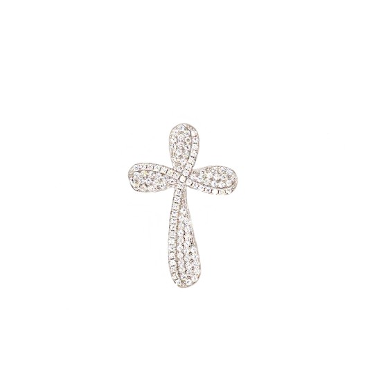 Ciondolo croce intrecciata zirconata bianca con contromaglia passante placcata oro bianco in argento 925