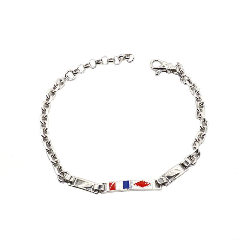 Bracciale catena con bandiere nautiche smaltate e due targhe lisce laterali placcato oro bianco in argento 925