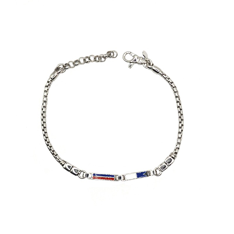 Bracciale tubolare con bandiere nautiche smaltate e pepite laterali placcato oro bianco in argento 925