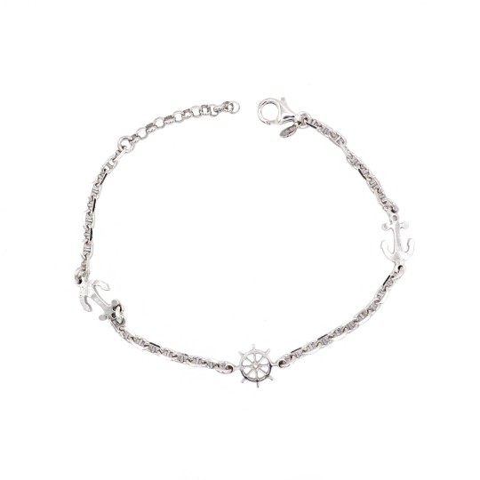 Bracciale maglia marina con timone e ancora placcato oro bianco in argento 925