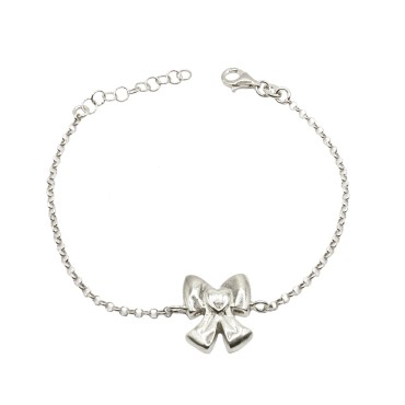 Bracciale maglia rollò con fiocco bombato centrale placcato oro bianco in argento 926