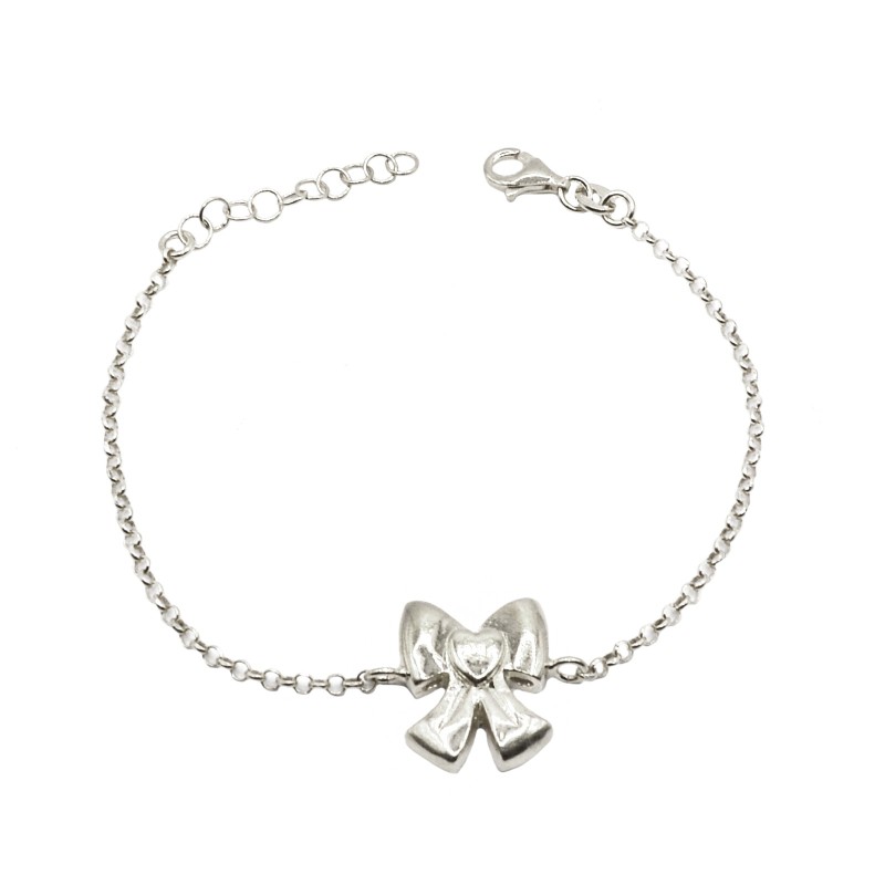 Bracciale maglia rollò con fiocco bombato centrale placcato oro bianco in argento 926