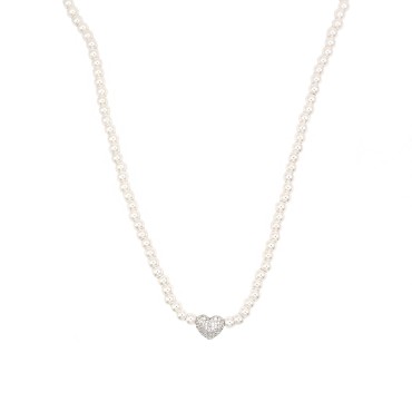 Collana di perle con cuore bombato centrale zirconato bianco placcato oro bianco in argento 925
