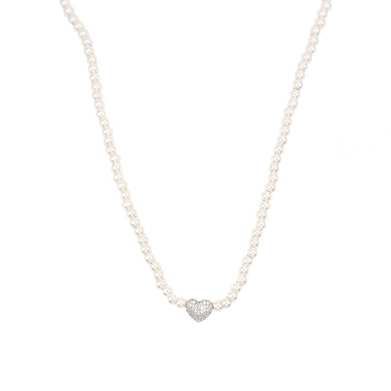 Collana di perle con cuore bombato centrale zirconato bianco placcato oro bianco in argento 925