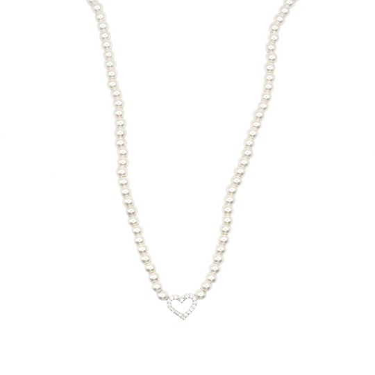 Collana di perle con sagoma cuore centrale zirconato bianco placcato oro bianco in argento 925