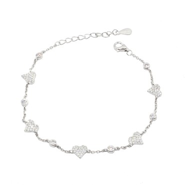 Bracciale maglia forzatina con cuori in linea zirconati bianchi e zirconi a cipollina bianchi placcato oro bianco in argento 925