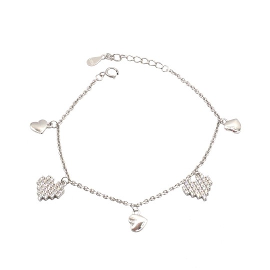 Bracciale maglia forzatina con cuori lisci e zirconati bianchi pendenti placcato oro bianco in argento 925