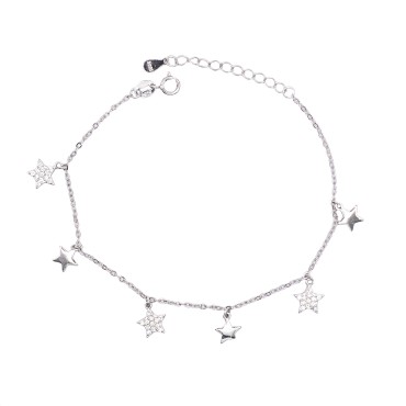Bracciale maglia forzatina con stelle zirconate bianche e lisce pendenti placcato oro bianco in argento 925