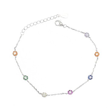 Bracciale maglia forzatina con fiori multicolor zirconati placcato oro bianco in argento 926