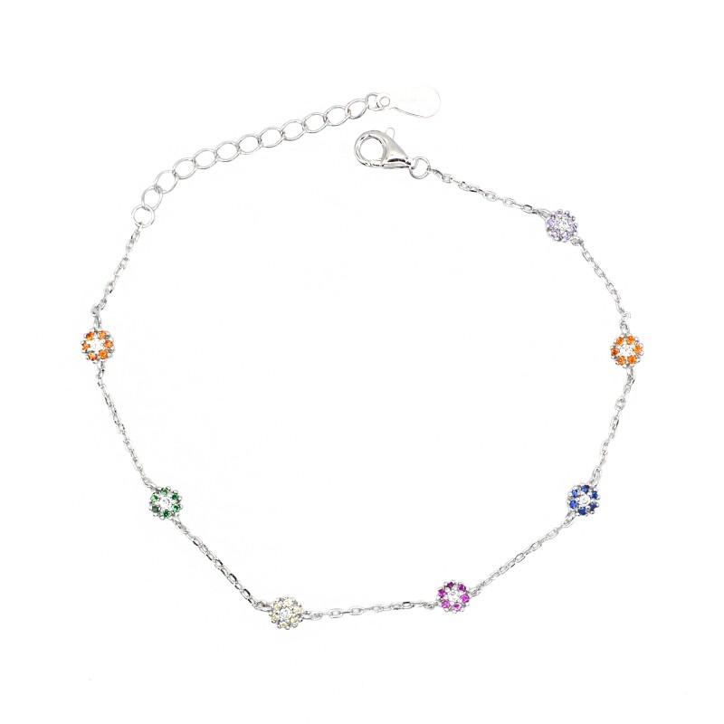 Bracciale maglia forzatina con fiori multicolor zirconati placcato oro bianco in argento 926