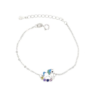 Bracciale maglia forzatina con unicorno smaltato e zirconi colorati placcato oro bianco in argento 925