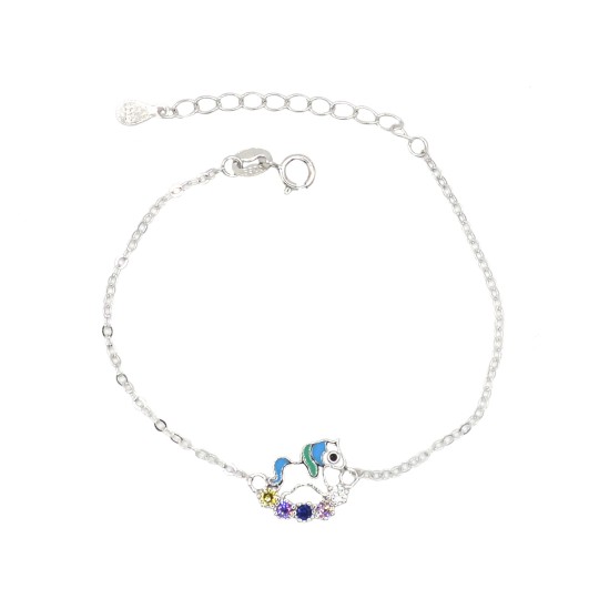 Bracciale maglia forzatina con unicorno smaltato e zirconi colorati placcato oro bianco in argento 925