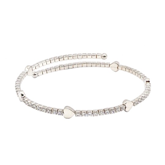 Rigid elastic bracelet with white zircons and shiny hearts in white gold plated 925 silver