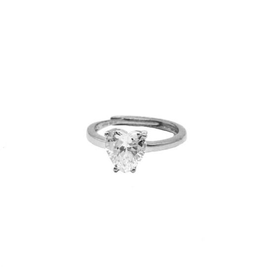 Anello regolabile con cuore pietra nuda bianca placcato oro bianco argento 925