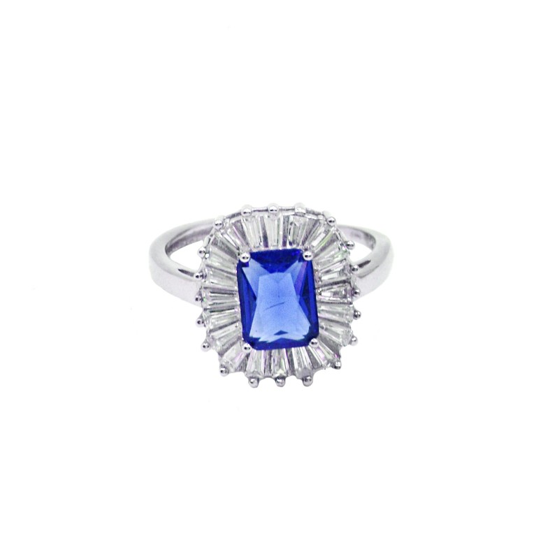 Anello regolabile con pietra rettangolare blu in cornice di zirconi a baguette bianchi placcato oro bianco in argento 925