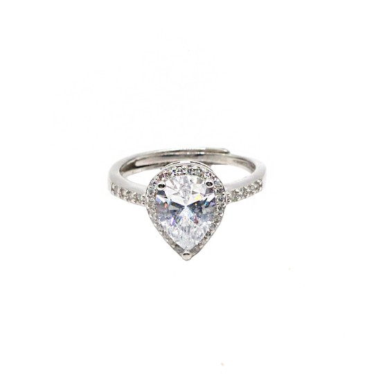 Anello regolabile con goccia di zircone bianco in cornice di zirconi bianchi placcato oro bianco in argento 925