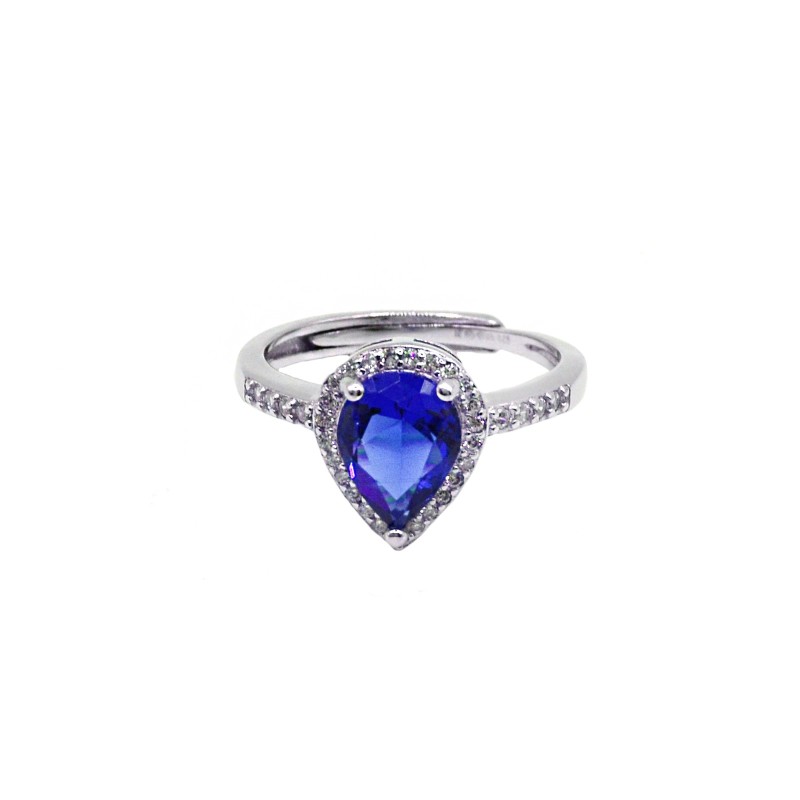 Anello regolabile con goccia di zircone blu in cornice di zirconi bianchi placcato oro bianco in argento 925