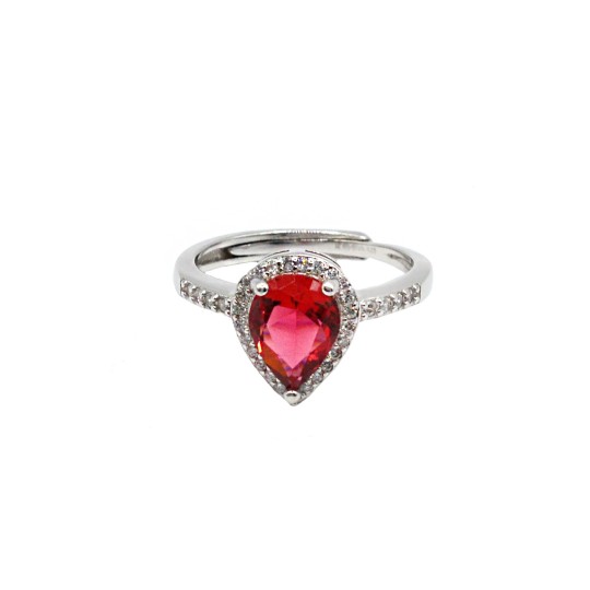 Anello regolabile con goccia di zircone rosso in cornice di zirconi bianchi placcato oro bianco in argento 925