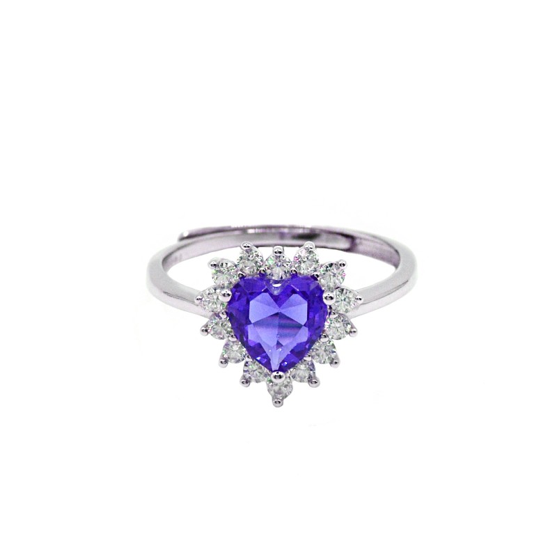 Anello regolabile con cuore di zircone blu in cornice di zirconi bianchi placcato oro bianco in argento 925