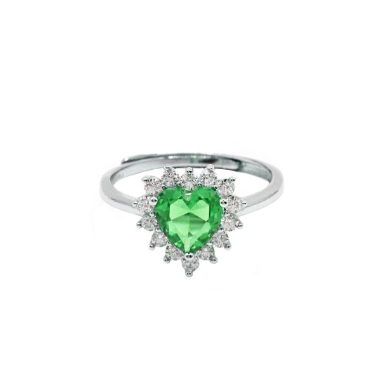 Anello regolabile con cuore di zircone verde in cornice di zirconi bianchi placcato oro bianco in argento 925
