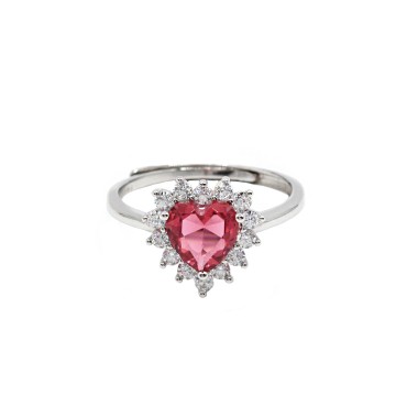 Adjustable ring with red zircon heart in white zircon frame white gold plated in 925 silver