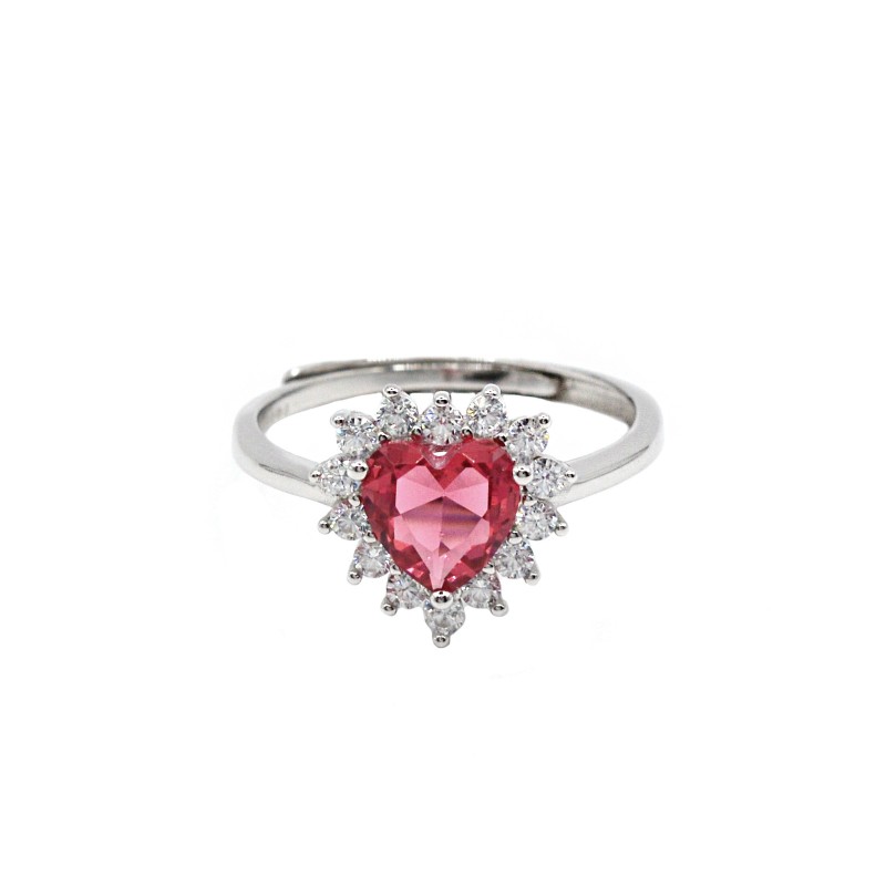 Anello regolabile con cuore di zircone rosso in cornice di zirconi bianchi placcato oro bianco in argento 925