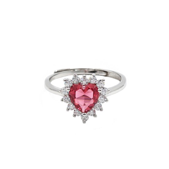 Adjustable ring with red zircon heart in white zircon frame white gold plated in 925 silver