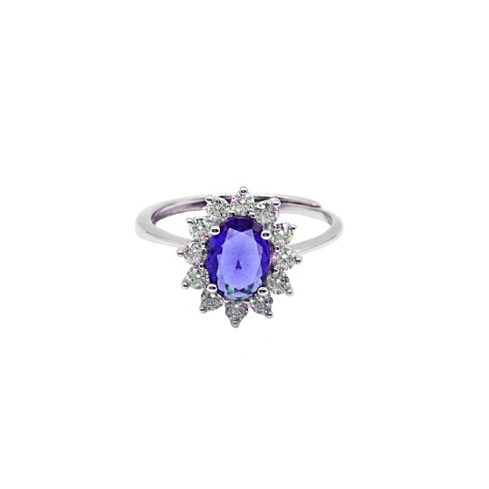 Anello regolabile con pietra ovale blu in cornice di zirconi bianchi a griffe placcato oro bianco in argento 925