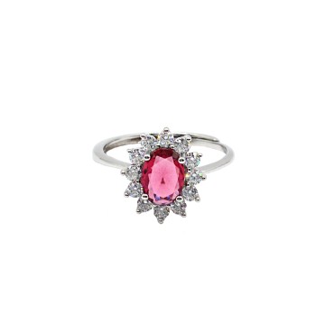 Adjustable ring with red oval stone in white gold-plated white zircon frame in 925 silver