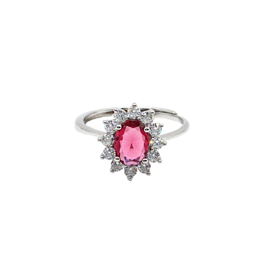 Anello regolabile con pietra ovale rossa in cornice di zirconi bianchi a griffe placcato oro bianco in argento 925