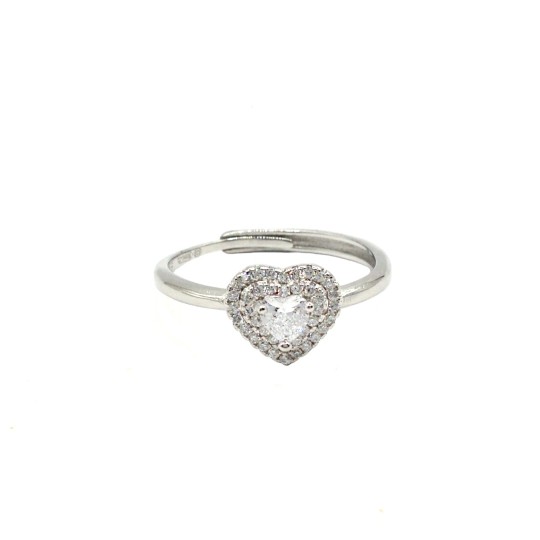 Anello regolabile con cuore di zircone bianco in cornice a doppio filo di zirconi bianchi placcato oro bianco in argento 925