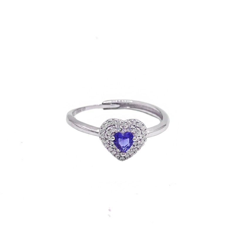 Anello regolabile con cuore di zircone blu in cornice a doppio filo di zirconi bianchi placcato oro bianco in argento 925