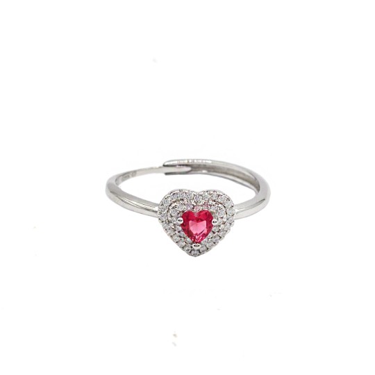 copy of Adjustable ring with red zircon heart in double strand frame of white zircons white gold plated in 925 silver