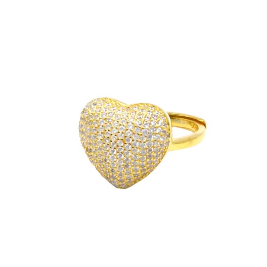 Anello regolabile cuore bombato zirconato bianco placcato oro giallo in argento 925