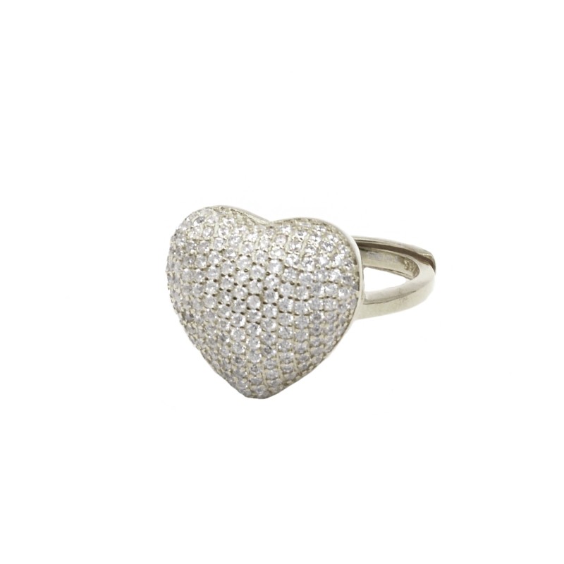 Anello regolabile cuore bombato zirconato bianco placcato oro bianco in argento 925