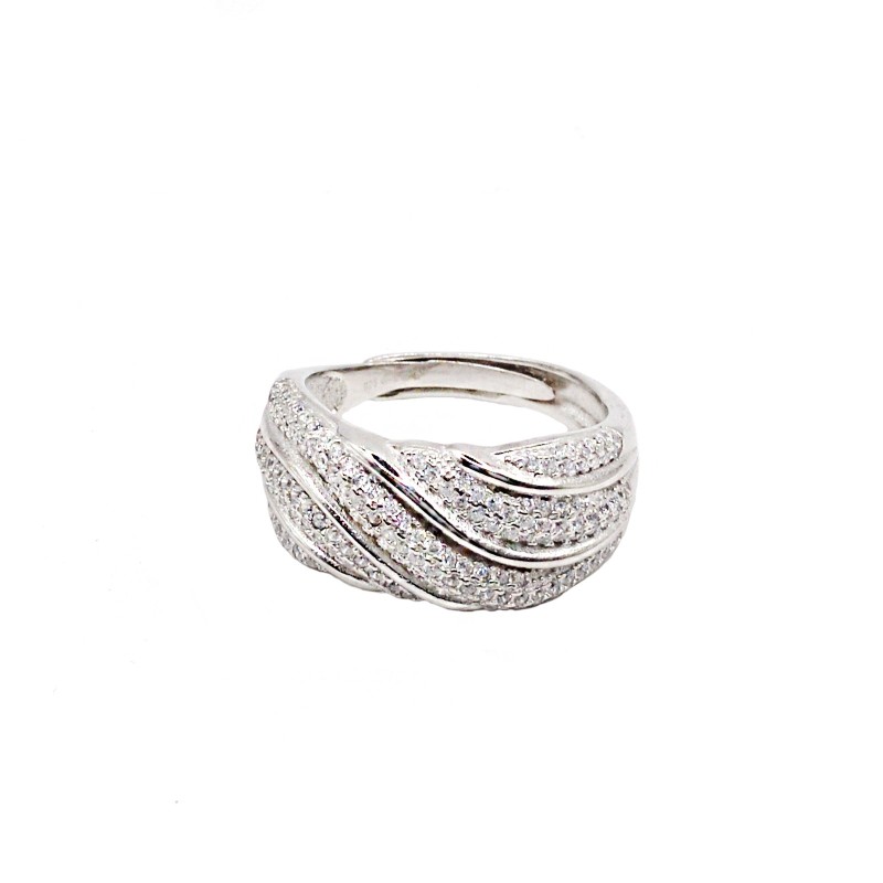 Anello regolabile fascione onde semizirconato bianco placcato oro bianco in argento 925